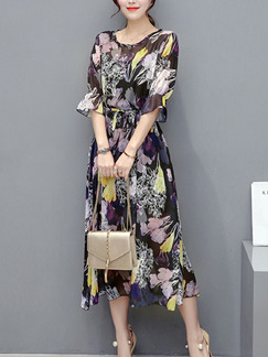 Black Colorful Loose Printed Band Maxi Plus Size Floral Dress for Casual Party
