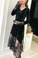 Black Slim Linking Lace Midi Long Sleeve V Neck Plus Size Dress for Party Evening Cocktail