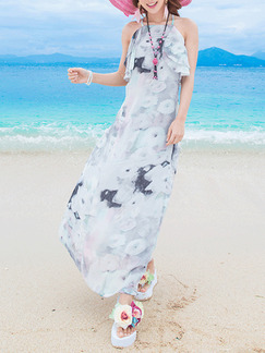 Colorful Loose Printed Ruffle Maxi Slip Floral Dress for Casual Beach