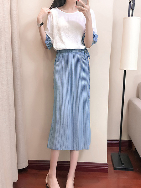 Blue and White Loose Contrast Laced Pleated Two-Piece Dress for Casual Party