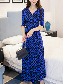 Colorful Slim Printed Band Maxi V Neck Plus Size Dress for Casual Party