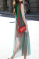 Green and Red Slim Contrast Linking Mesh Midi Dress for Casual