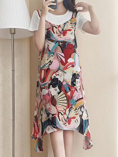 White and Colorful Loose Printed Two-Piece Shift Knee Length Plus Size Dress for Casual Party