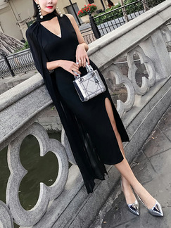Black Slim Single-Shoulder Cloak Midi V Neck Bodycon Dress for Party Evening Cocktail