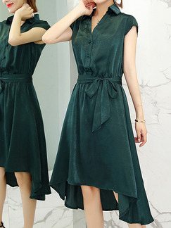 Ink Green Slim A-Line Band Knee Length Plus Size Ribbon Dress for Casual Party