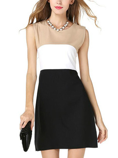 Khaki Black and White Slim Contrast Linking Above Knee Plus Size Dress for Casual Office Party
