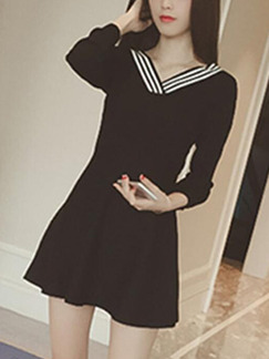Black Slim Linking Stripe Above Knee V Neck Long Sleeve Fit & Flare Dress for Casual Party