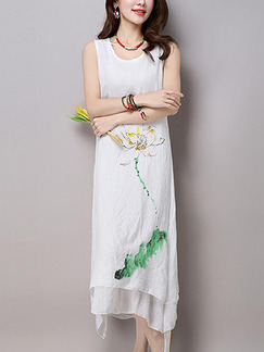 White Loose Located Printing Maxi Plus Size Dress for Casual