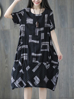 Black and Light Gray Loose Printed Midi Plus Size Shift Dress for Casual