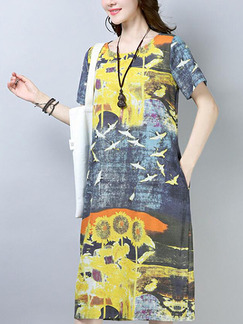 Colorful Loose Printed Knee Length Shift Dress for Casual