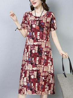 Red Colorful Loose Printed Midi Shift Plus Size Dress for Casual Party