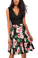 Black and Colorful Slim Linking Printed Above Knee Flare V Neck Floral Dress for Casual Party