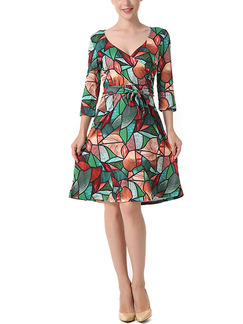 Colorful Slim Printed Band Above Knee Fit & Flare V Neck Dress for Casual Party