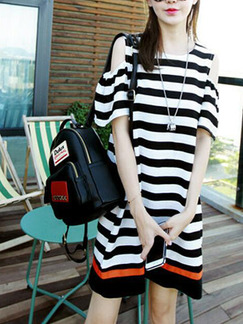 Black and White Loose Stripe Off-Shoulder Above Knee Shift Dress for Casual Party