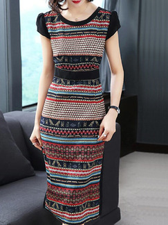 Colorful Slim Linking Printed Over-Hip Midi Sheath Plus Size Dress for Casual Office Party