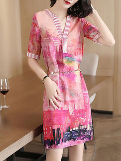 Pink Colorful Loose Printed Above Knee V Neck Plus Size Dress for Casual Party
