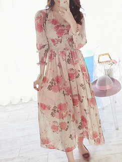 Beige Pink Colorful Slim Printed High Waist Maxi Floral V Neck Dress for Casual Party