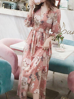 Pink Colorful Slim Printed High Waist Maxi V Neck Plus Size Floral Dress for Casual Party Evening