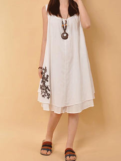 White Loose Embroidery Midi Dress for Casual