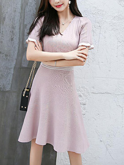 Soft Pink Slim Knitting Above Knee Fit & Flare V Neck Dress for Casual Party Evening Office
