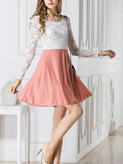 White and Pink Slim Linking Lace Above Knee Fit & Flare Long Sleeve Dress for Casual Party Nightclub