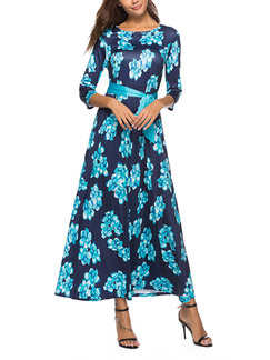 Blue Colorful Slim Printed Band Maxi Floral Dress for Casual Party