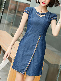 Navy Blue Slim Denim Embroidery Above Knee Sheath Plus Size Dress for Casual Party