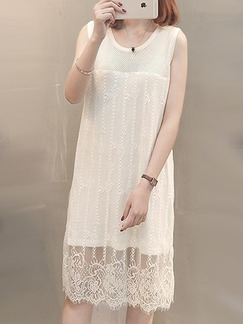 White Loose Lace Knitting Knee Length Shift Dress for Casual Party