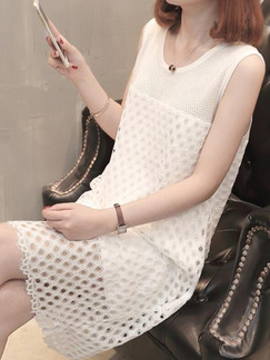 White  Loose Lace Cutout Knee Length Shift Dress for Casual Party