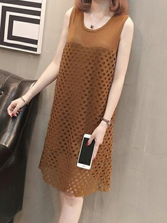 Coffee Loose Lace Cutout Knee Length Shift Dress for Casual Party