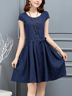 Navy Blue Slim Band High Waist Above Knee Fit & Flare Dress for Casual Party