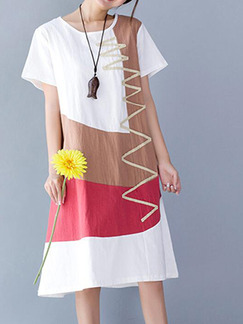 White Brown and Red Loose Contrast Linking Midi Shift Dress for Casual
