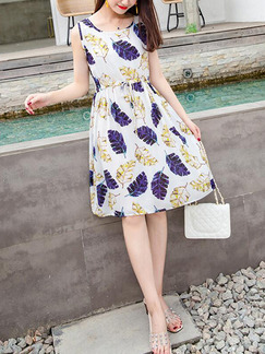 White Colorful Slim Printed Band Knee Length Fit & flare Dress for Casual Party Beach