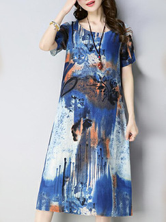 Blue Colorful Loose Printed Midi Shift Plus Size Dress for Casual