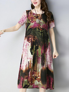 Colorful Loose Printed Midi Shift Plus Size Dress for Casual