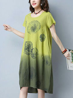 Green Yellow Loose A-Line Printed Midi Shift Dress for Casual