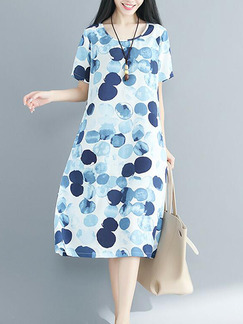Blue and White Loose Printed Midi Shift Dress for Casual