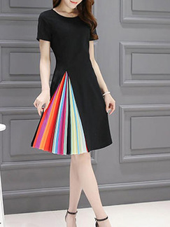 Black Slim Rainbow Pleated Knee Length Fit & Flare Plus Size Dress for Casual Party Evening
