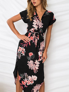 Black and Pink Slim Printed Band Maxi Floral V Neck Plus Size Dress for Casual Party