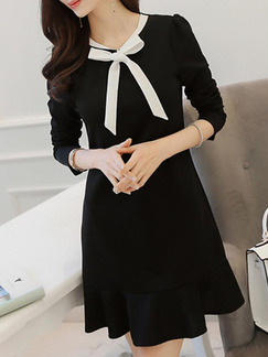 Black Slim Contrast Butterfly Knot Above Knee Long Sleeve Dress for Casual Party Office