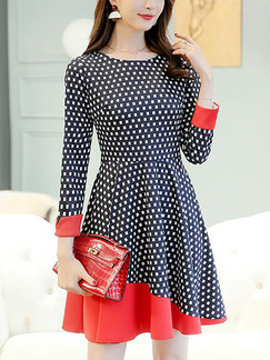 Black White and Red Slim Wave Point Contrast Above Knee Long Sleeve Fit & Flare Dress for Casual Party Office