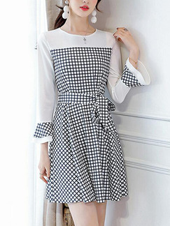 White And Black Slim Linking Grid Band Above Knee Long Sleeve Dress for Casual Party Office