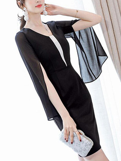 Black Slim Flare Sleeve Over-Hip Above Knee Sheath Dress for Casual Party Evening Office