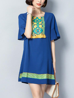 Navy Blue and Yellow Loose Contrast Tassel Above Knee Shift Plus Size Dress for Casual Party