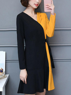 Black and Yellow Slim Contrast Above Knee Long Sleeve V Neck Plus Size Dress for Casual Party Office