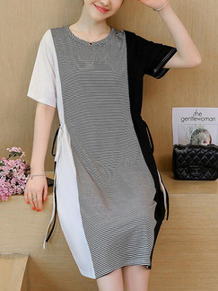 Black and White Loose Contrast Stripe Knee Length Shift Plus Size Dress for Casual Evening Office