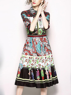 Colorful Slim Printed Midi Fit & Flare Dress for Casual Party