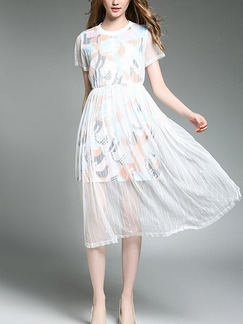 White Slim Printed Mesh See-Through Midi Dress for Casual Party