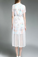 White Slim Printed Mesh See-Through Midi Dress for Casual Party