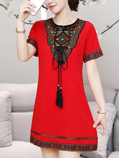 Red Slim Embroidery Printed Above Knee Shift Dress for Casual Party